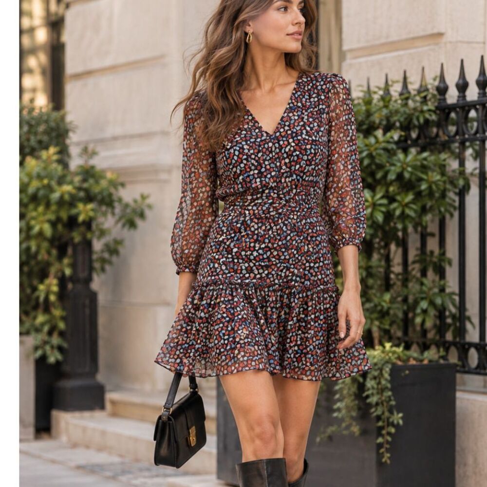 Shoshanna 100% Silk Navy Multicolor Floral Long Sleeve Mini Dress Size 0